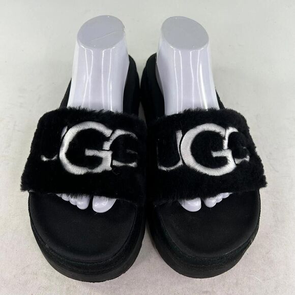 UGG WOMEN'S LATON PLATFORM SHOES US 10 SHEARLING SLIDE SANDALS BLACK OPEN-TOE - Picture 4 of 10